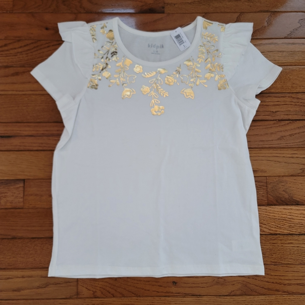 NWT KidPik White shirt with Gold floral neckline